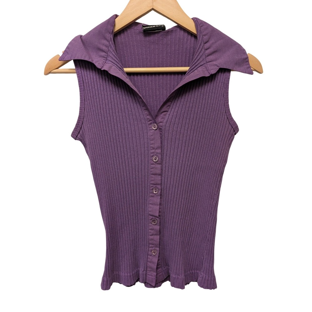 Fashion Bug Vintage 90s Y2K Ribbed Sleeveless Top Collared Button Up‎ Retro